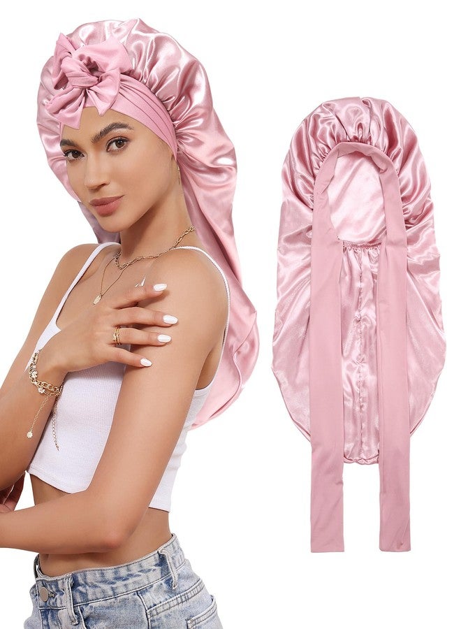 CHLINS Long Bonnet Satin Bonnet for Sleeping Women Double Layer Hair Bonnet Braid Bonnet with Stretchy Tie Band(Pink) - Image 1